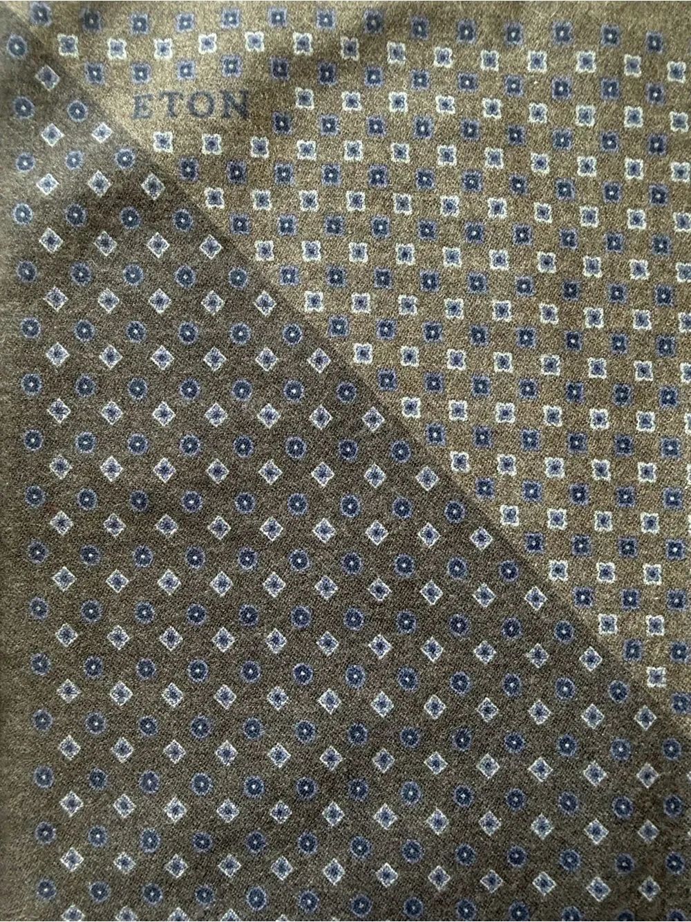 Eton NWT 100% Wool Two Sided Pocket Square In Blue & Brown Geometric Print $130